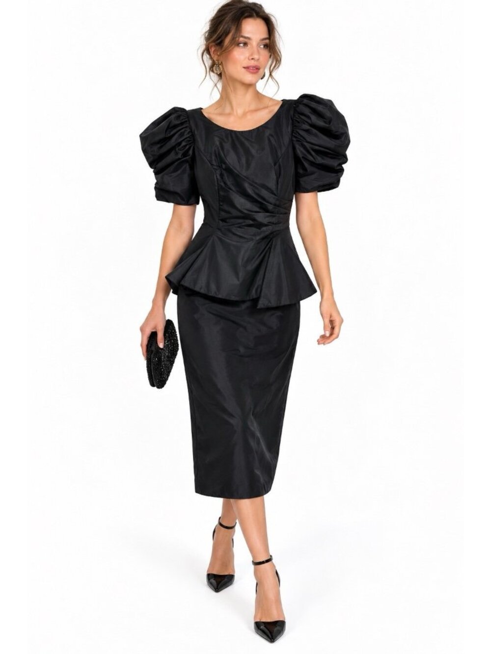vintage 80s BLACK COCKTAIL DRESS taffeta peplum MEDIUM party gothic chic